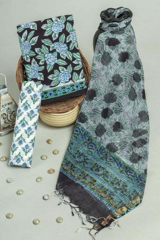 Pure Cotton Hand Block Printed Suit Set With Kota Doria Dupatta