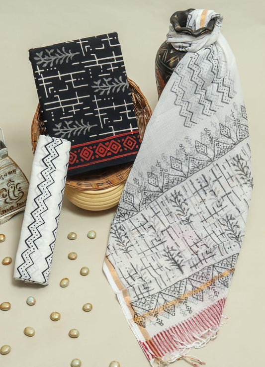Pure Cotton Hand Block Printed Suit Set With Kota Doria Dupatta