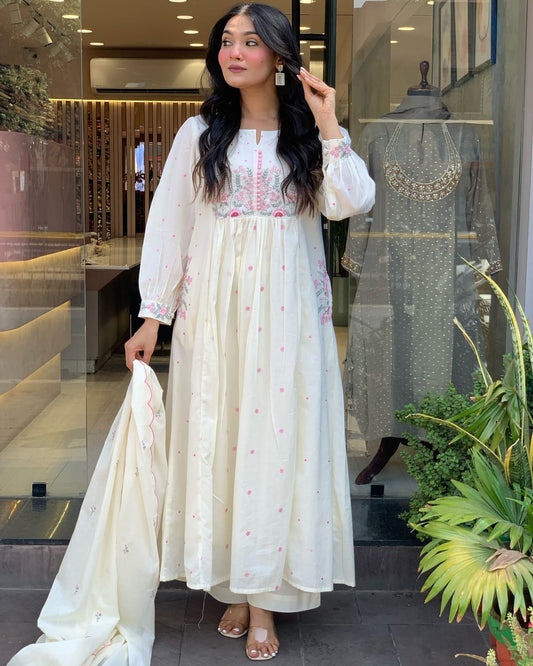 Pure Cotton Anarkali Suit Set With Beautiful Embroidery Work