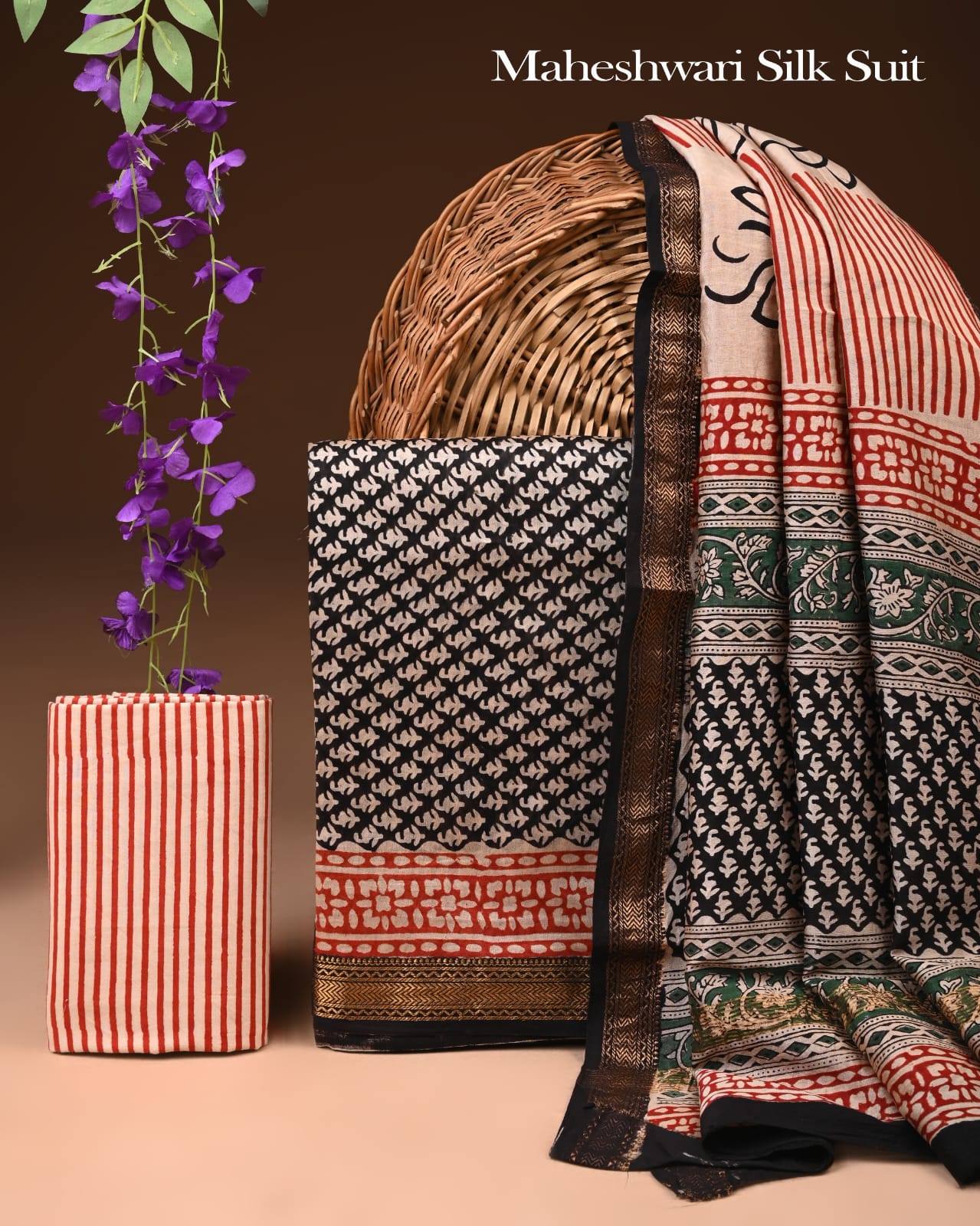 Premium Designer Handblock Printed Maheshwari Silk Suit Set