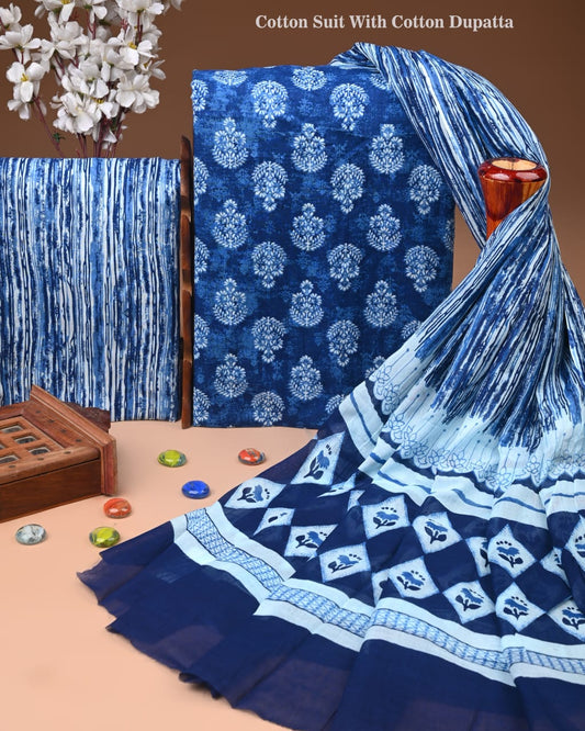 Designer Hand Block Printed Cotton Suit Set With Cotton Dupatta