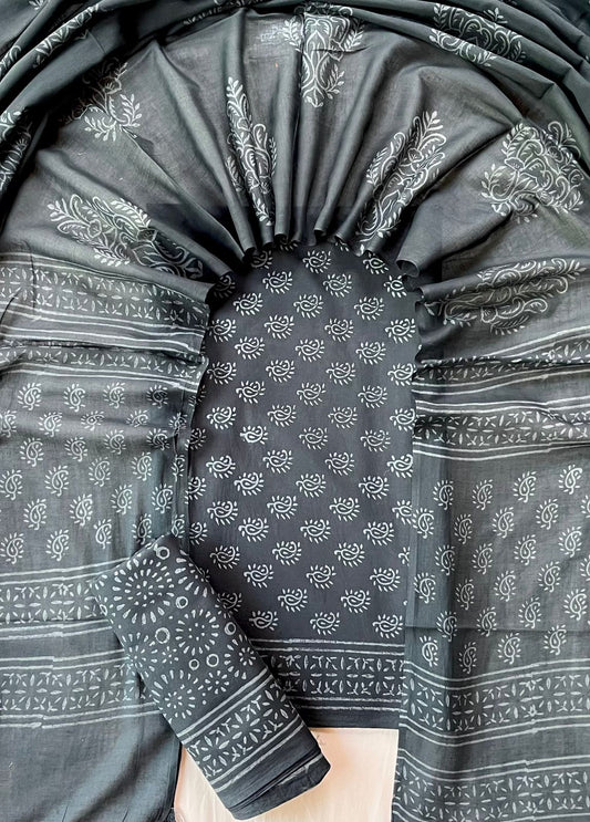Pure Soft Cotton Hand Block Printed Suit Set With Cotton Dupatta