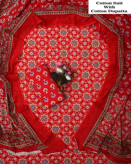 Designer Hand Block Printed Cotton Suit Set With Cotton Dupatta
