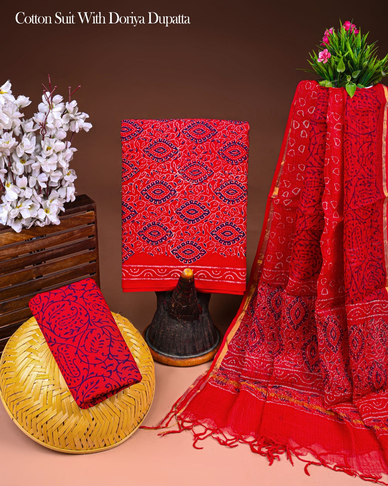 Pure Cotton Hand Block Printed Suit Set With Kota Doria Dupatta