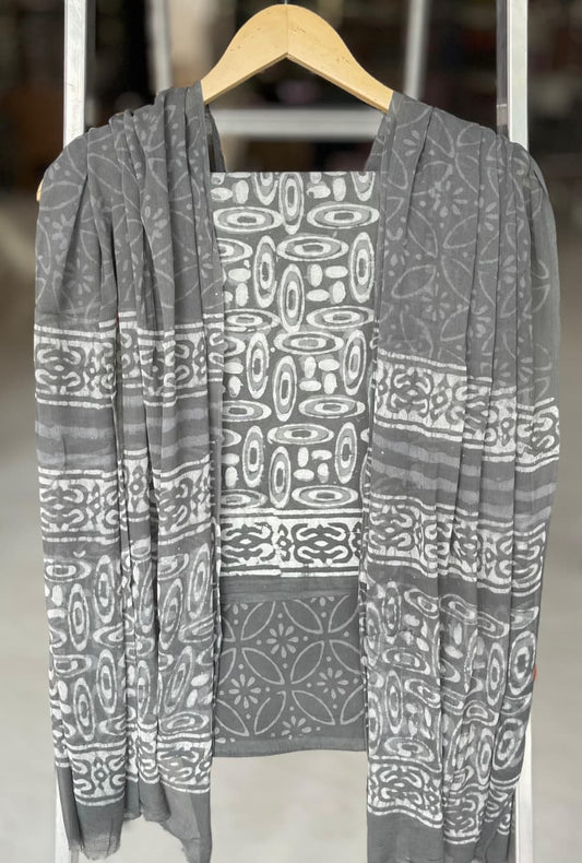Pure Cotton Hand Block Printed Suit Set With Chiffon Dupatta