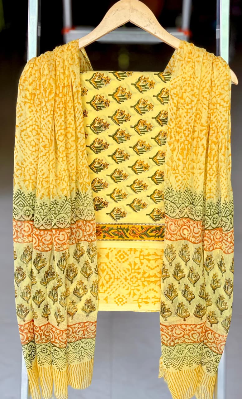 Pure Cotton Hand Block Printed Suit Set With Chiffon Dupatta