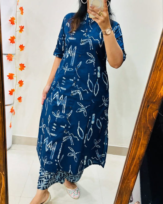 Premium Floral Fine Cotton Printed A-Line Pattern Kurti-Palazzo Set