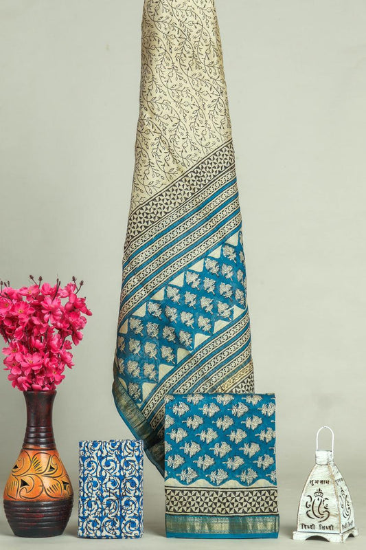 Premium Designer Handblock Printed Maheshwari Silk Suit Set