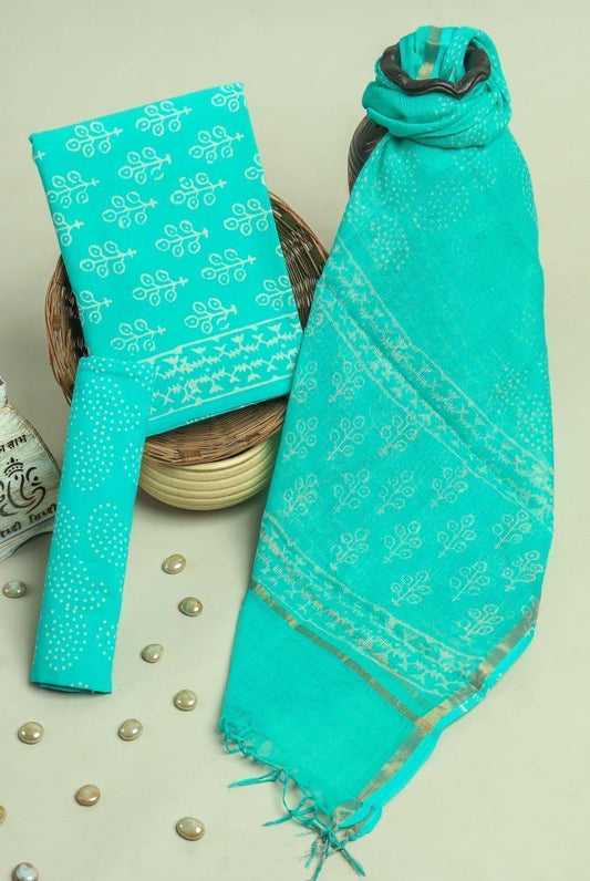 Pure Cotton Hand Block Printed Suit Set With Kota Doria Dupatta