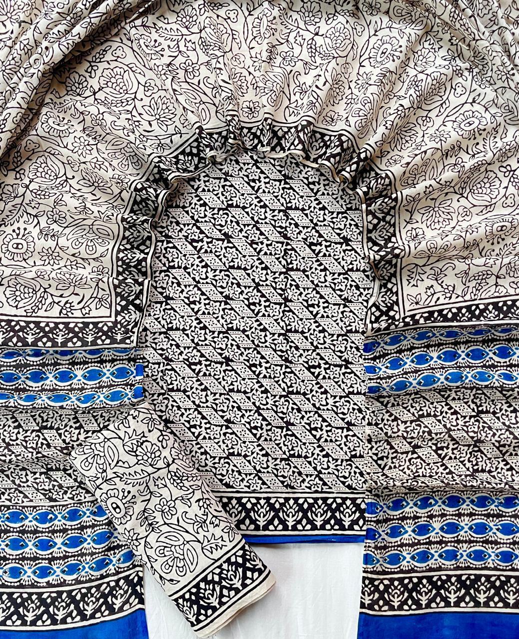 Pure Soft Cotton Hand Block Printed Suit Set With Cotton Dupatta
