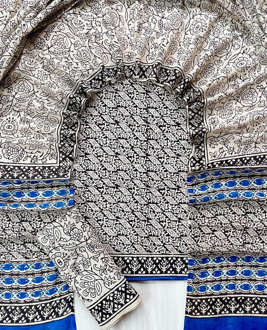 Pure Soft Cotton Hand Block Printed Suit Set With Cotton Dupatta