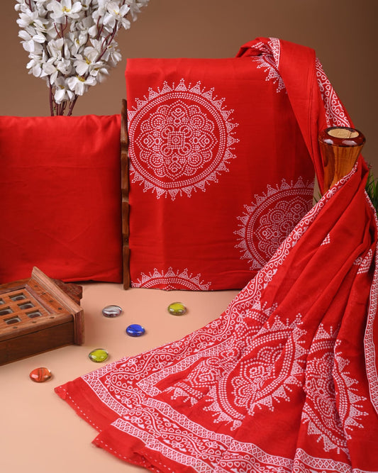 Designer Hand Block Printed Cotton Suit Set With Cotton Dupatta