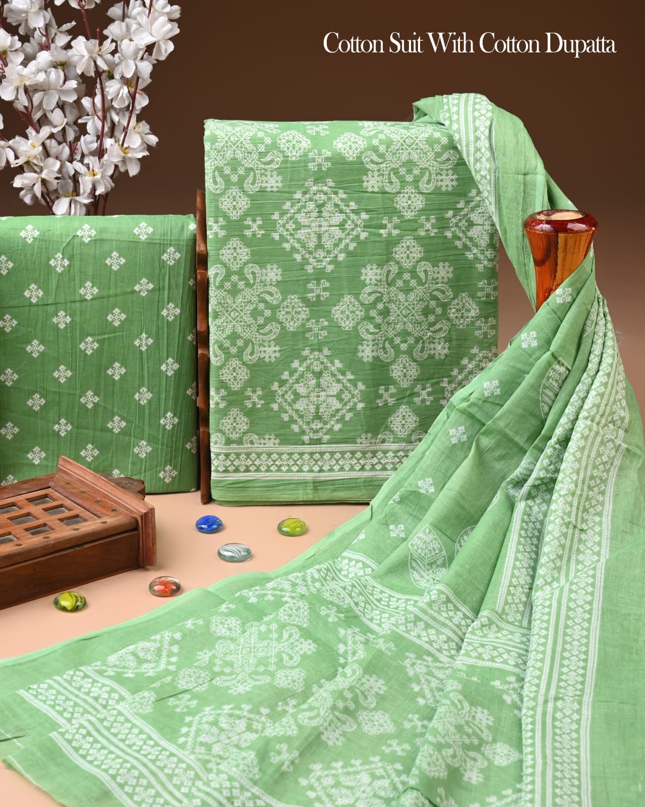 Designer Hand Block Printed Cotton Suit Set With Cotton Dupatta