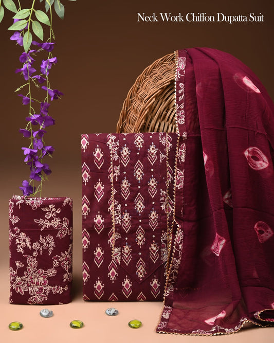 Premium Gota Patti Work Cotton Suit Set With Chiffon Dupatta