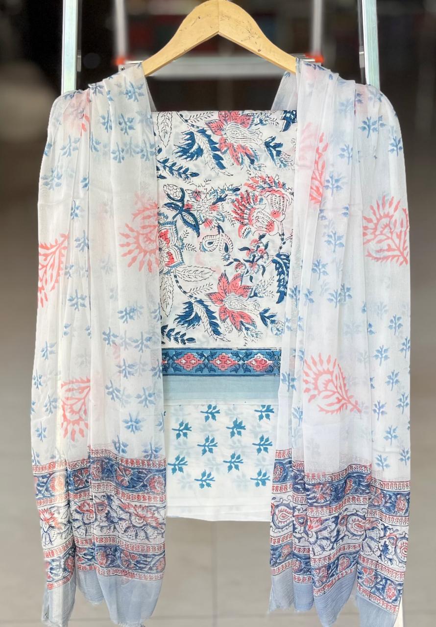 Pure Cotton Hand Block Printed Suit Set With Chiffon Dupatta