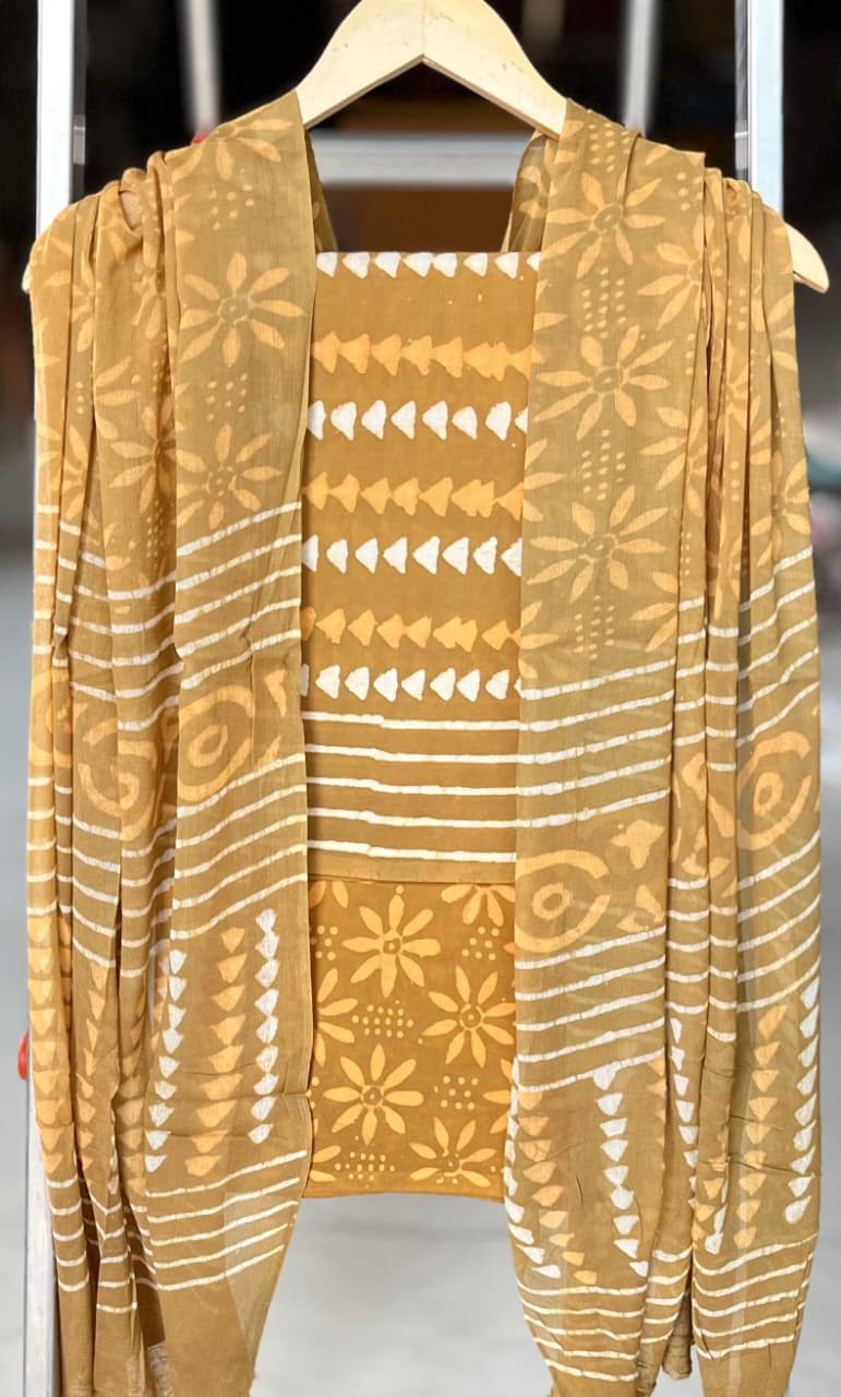 Pure Cotton Hand Block Printed Suit Set With Chiffon Dupatta