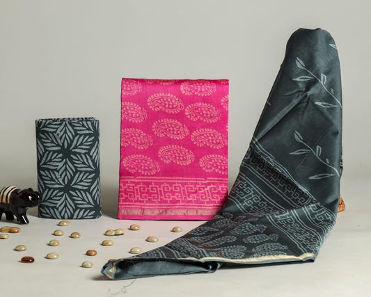 Designer Handblock Printed Chanderi Silk Suit Set