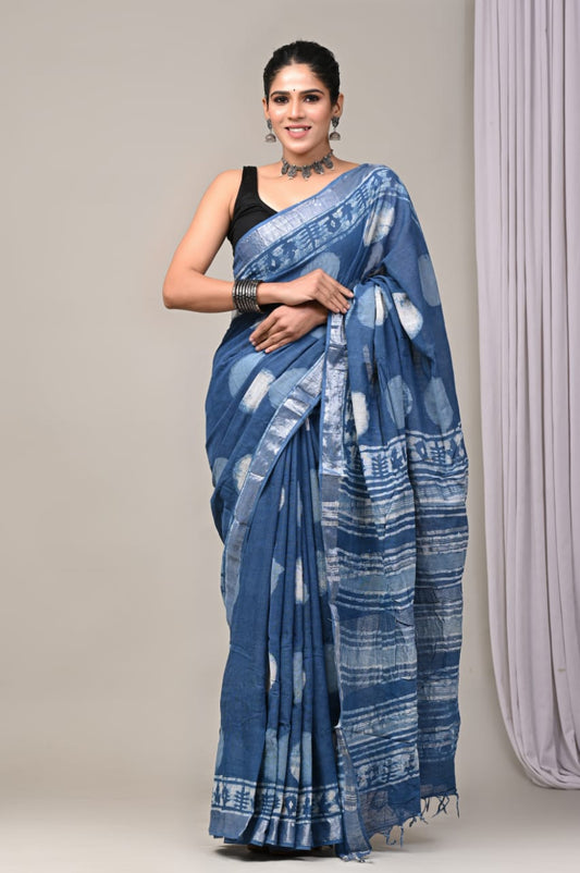 Pure Cotton Linen Handblock Printed Saree With Blouse