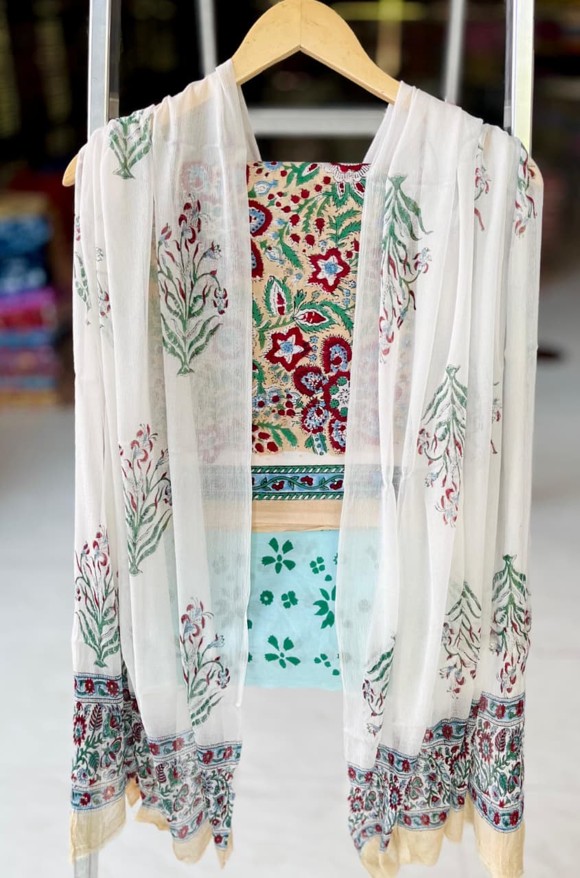 Pure Cotton Hand Block Printed Suit Set With Chiffon Dupatta