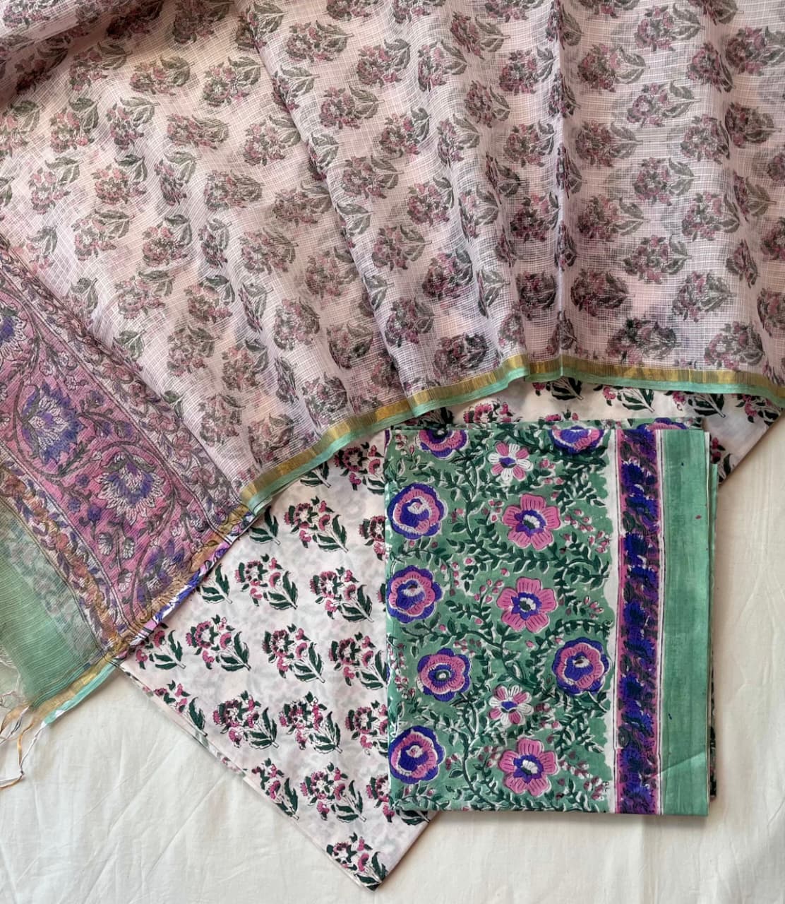 Pure Cotton Hand Block Printed Suit Set With Kota Doria Dupatta