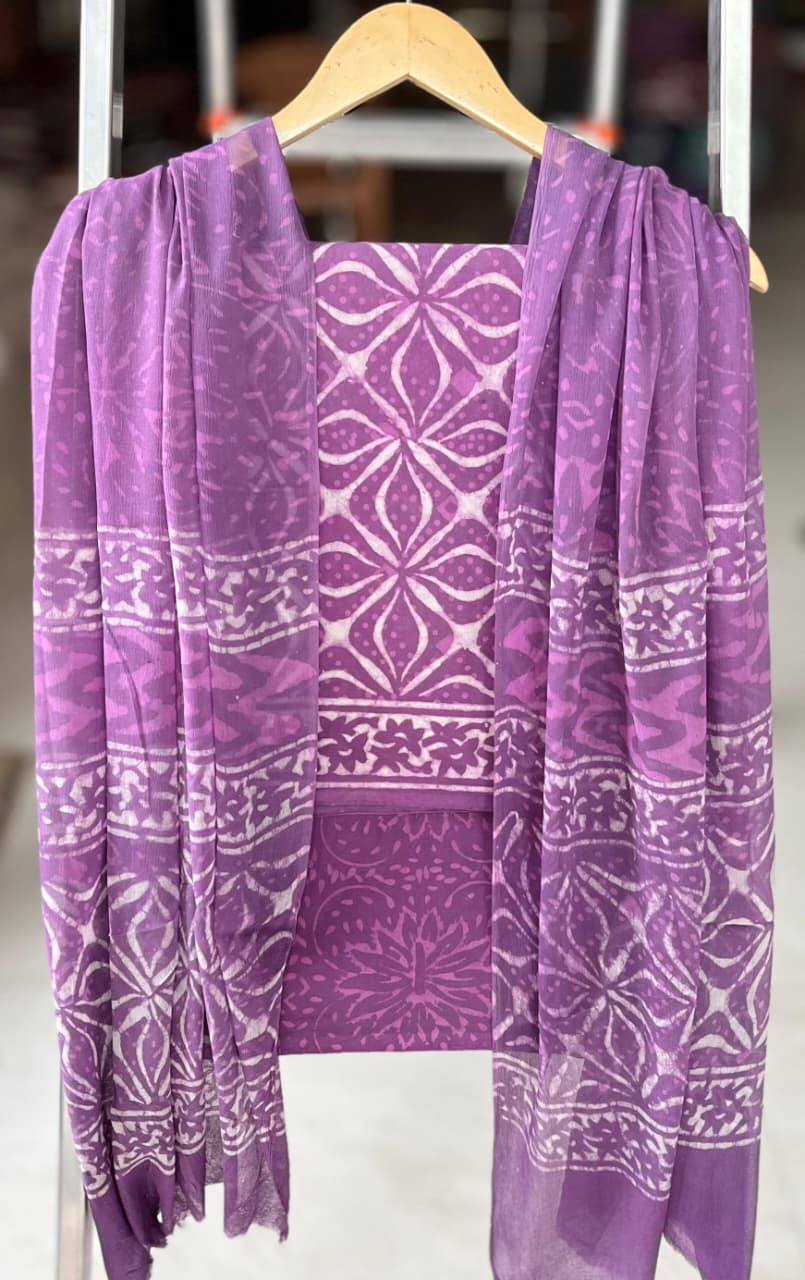 Pure Cotton Hand Block Printed Suit Set With Chiffon Dupatta
