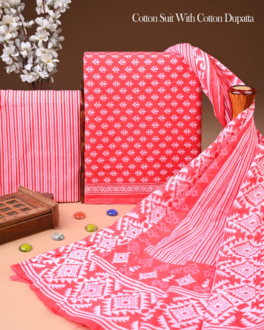Pure Soft Cotton Hand Block Printed Suit Set With Cotton Dupatta
