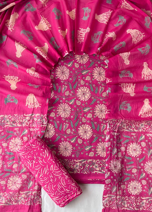 Pure Soft Cotton Hand Block Printed Suit Set With Cotton Dupatta