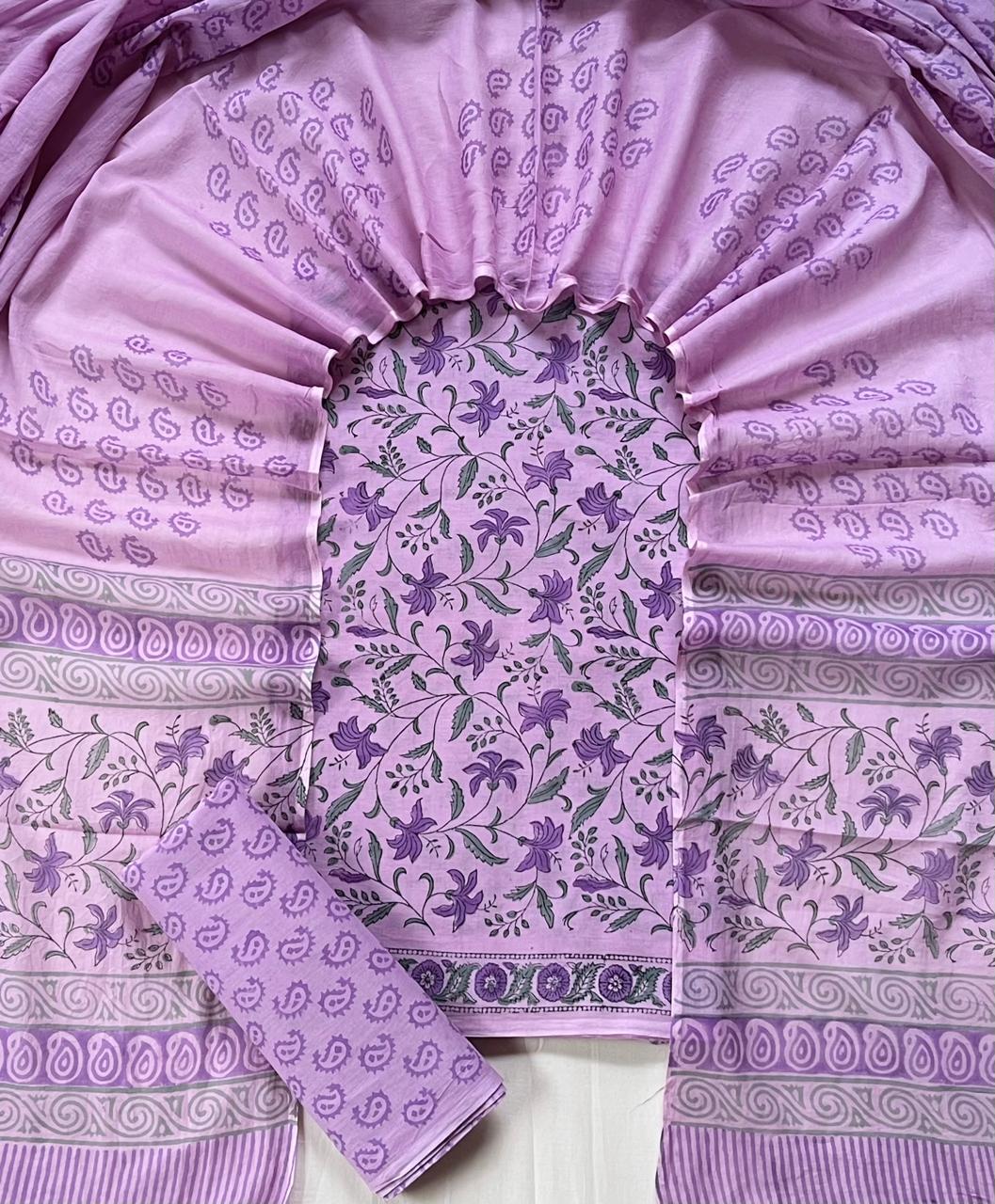 Pure Soft Cotton Hand Block Printed Suit Set With Cotton Dupatta