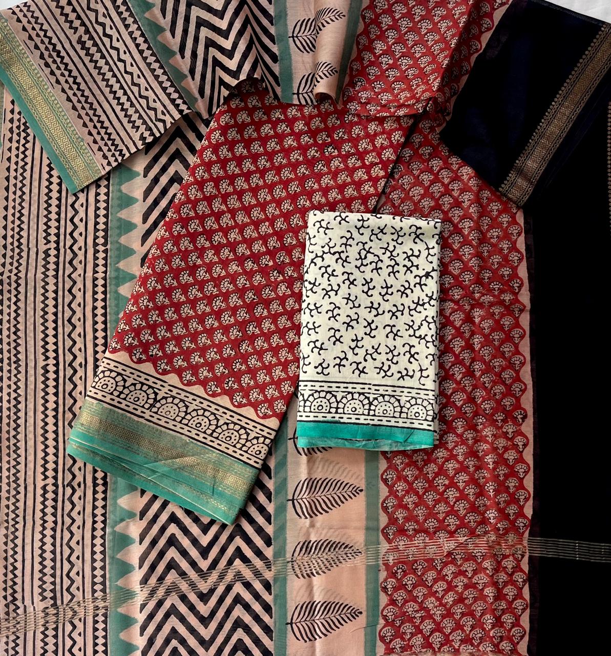 Premium Designer Handblock Printed Maheshwari Silk Suit Set