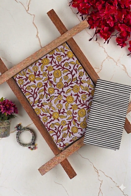 Pure Soft Cotton Handblock Printed 2PC Top-Bottom Suit Set (2.50 Meter Each)