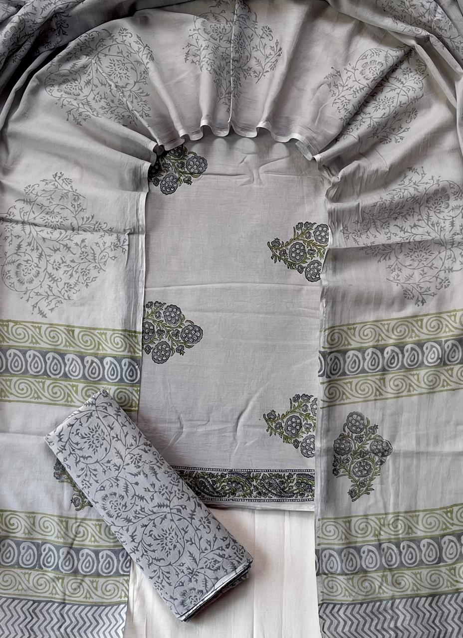 Pure Soft Cotton Hand Block Printed Suit Set With Cotton Dupatta