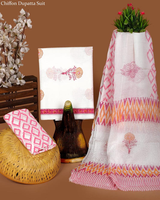 Pure Cotton Hand Block Printed Suit Set With Chiffon Dupatta