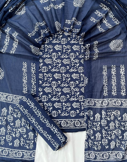 Pure Soft Cotton Hand Block Printed Suit Set With Cotton Dupatta