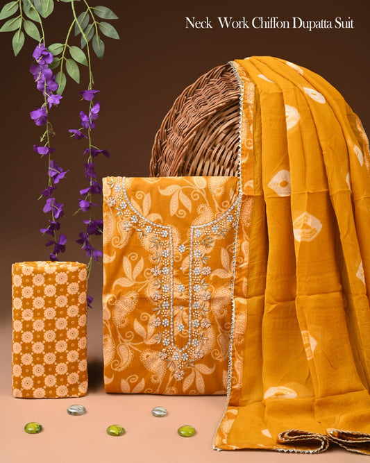 Premium Gota Patti Work Cotton Suit Set With Chiffon Dupatta