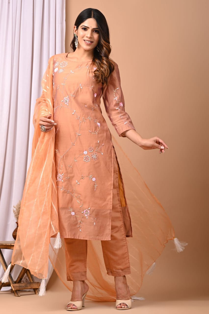 Elegant Coral Chanderi Silk Hand-Embroidered Suit Set with Dupatta
