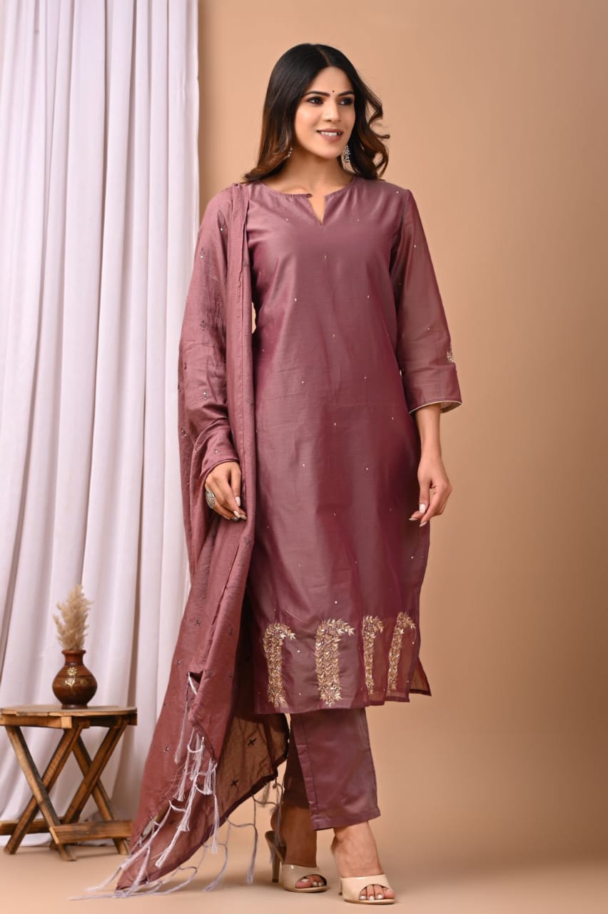Elegant Coral Chanderi Silk Hand-Embroidered Suit Set with Dupatta