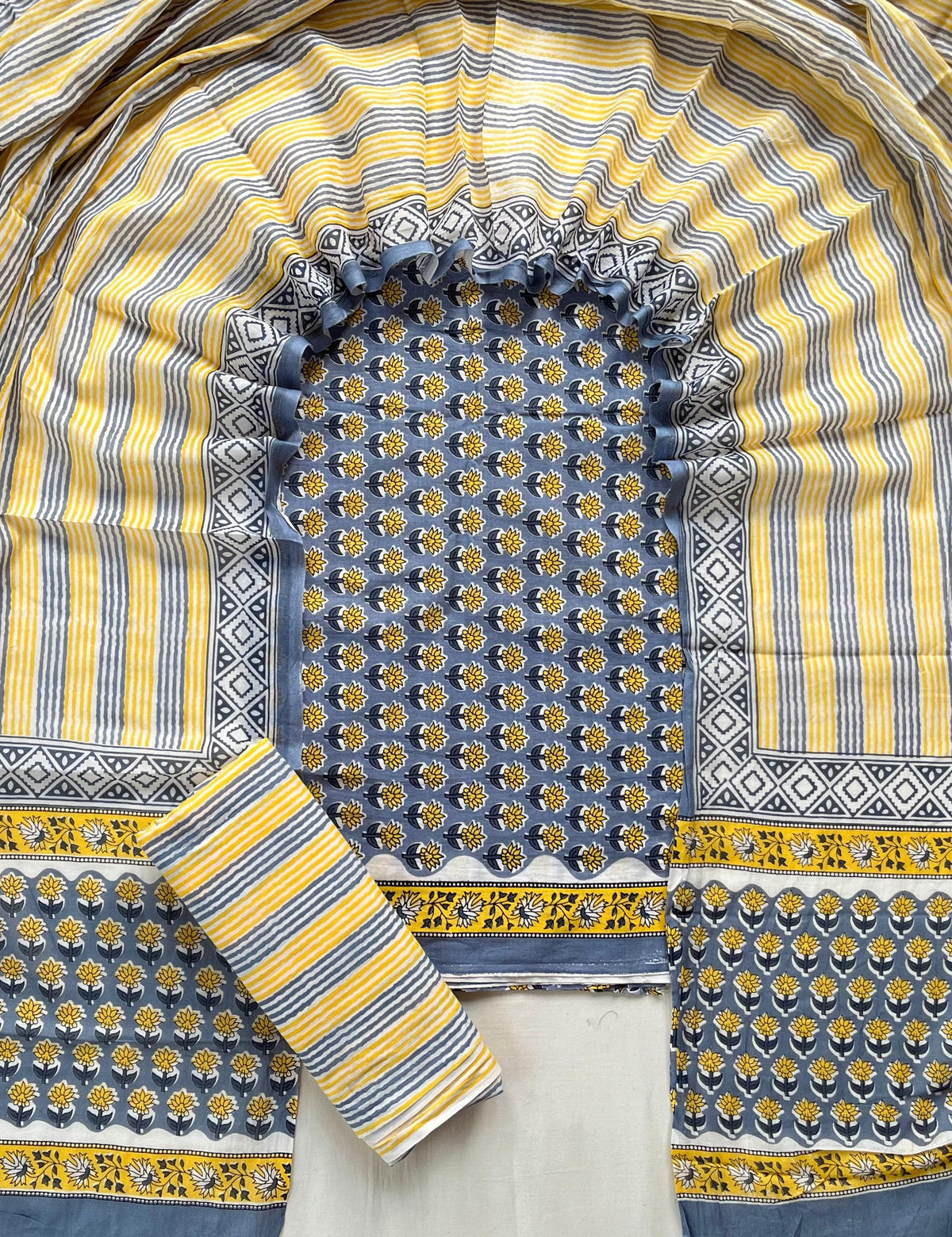 Pure Soft Cotton Hand Block Printed Suit Set With Cotton Dupatta