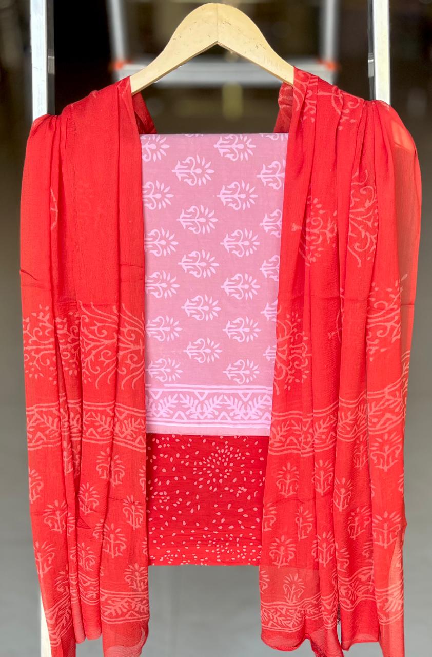 Pure Cotton Hand Block Printed Suit Set With Chiffon Dupatta