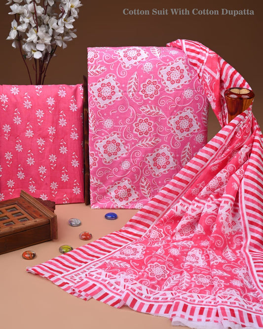 Designer Hand Block Printed Cotton Suit Set With Cotton Dupatta