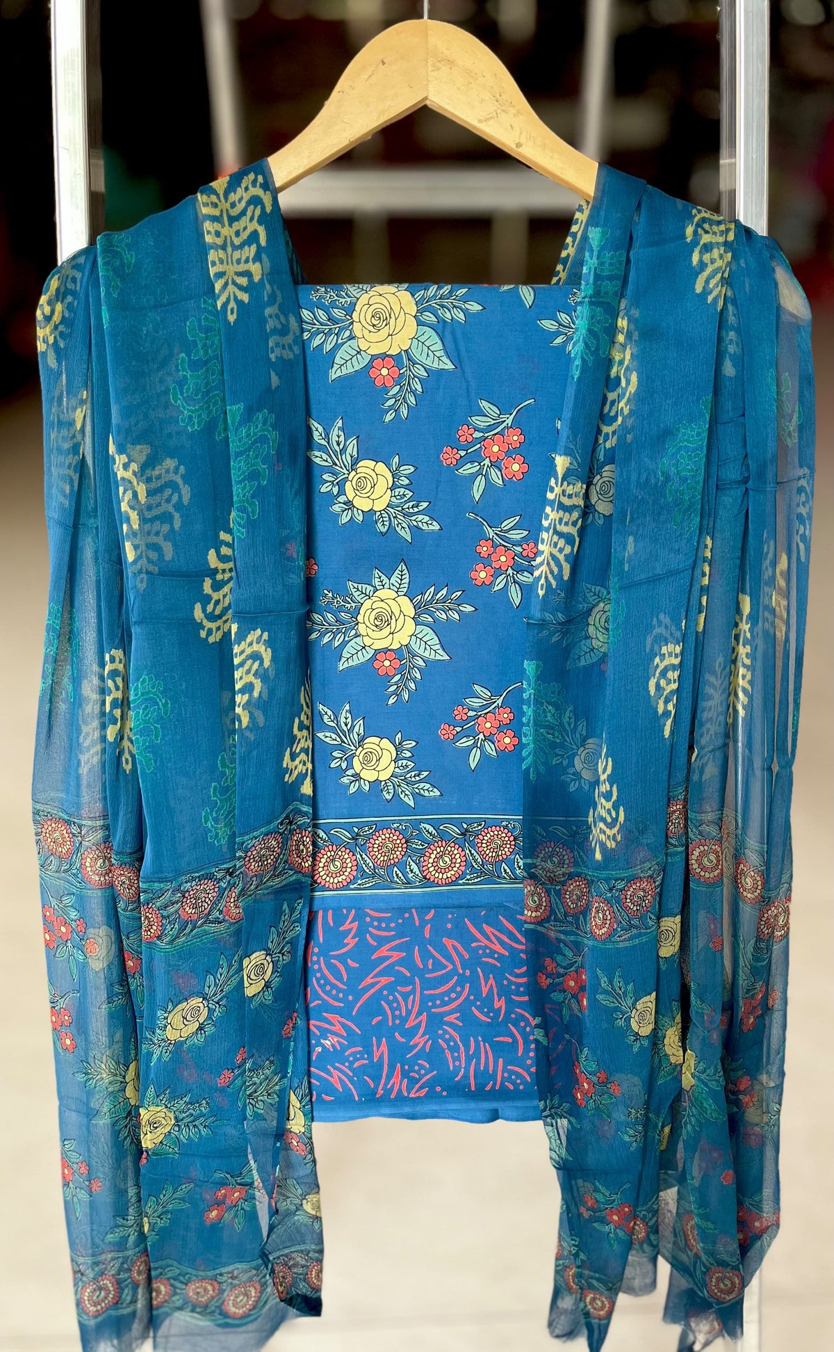 Pure Cotton Hand Block Printed Suit Set With Chiffon Dupatta