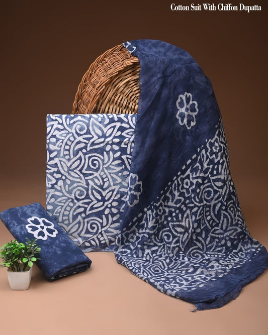 Pure Cotton Hand Block Printed Suit Set With Chiffon Dupatta