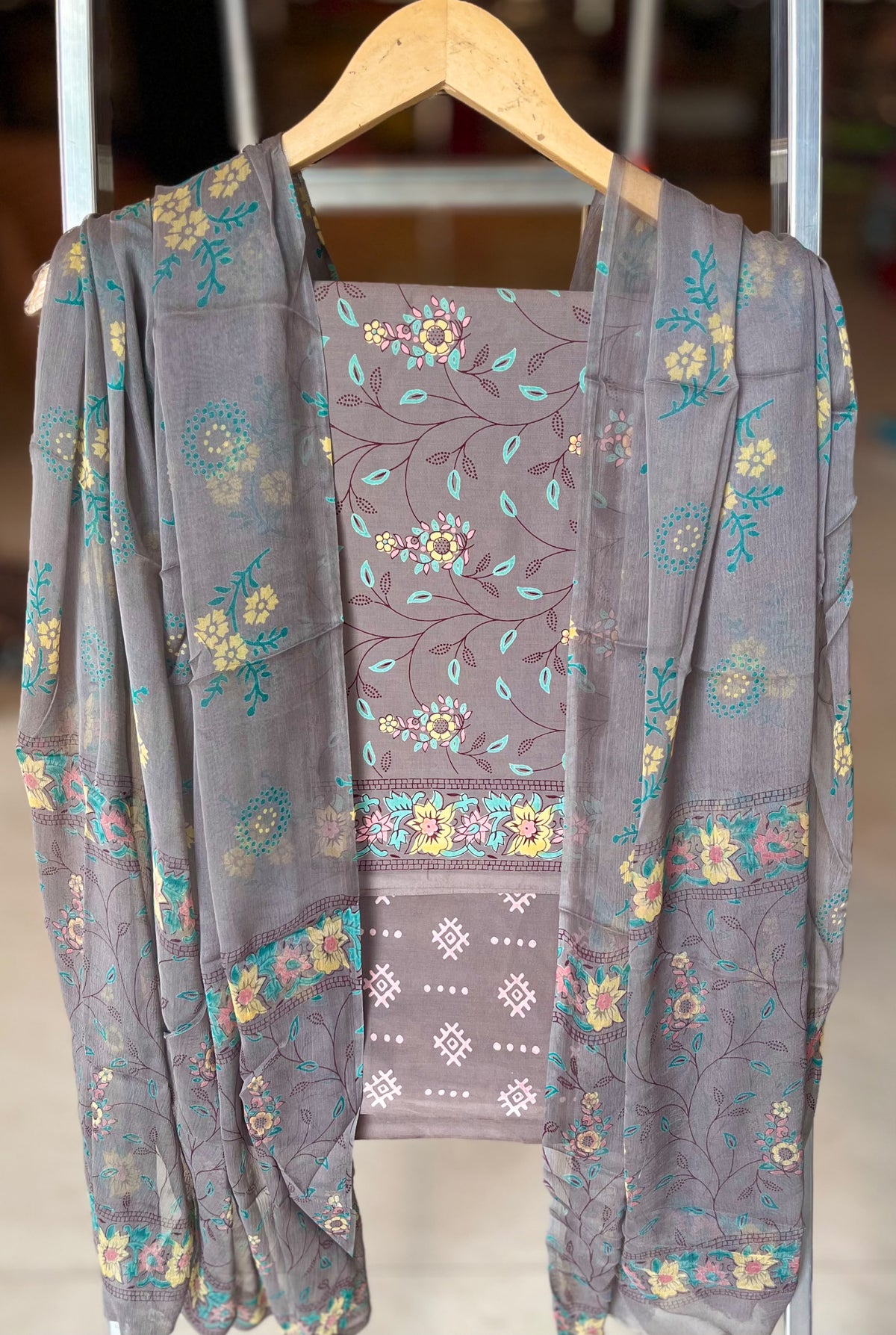 Pure Cotton Hand Block Printed Suit Set With Chiffon Dupatta