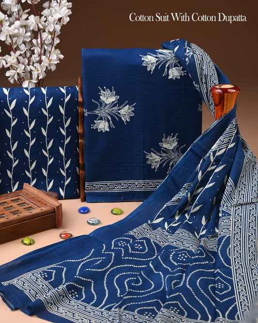 Designer Hand Block Printed Cotton Suit Set With Cotton Dupatta