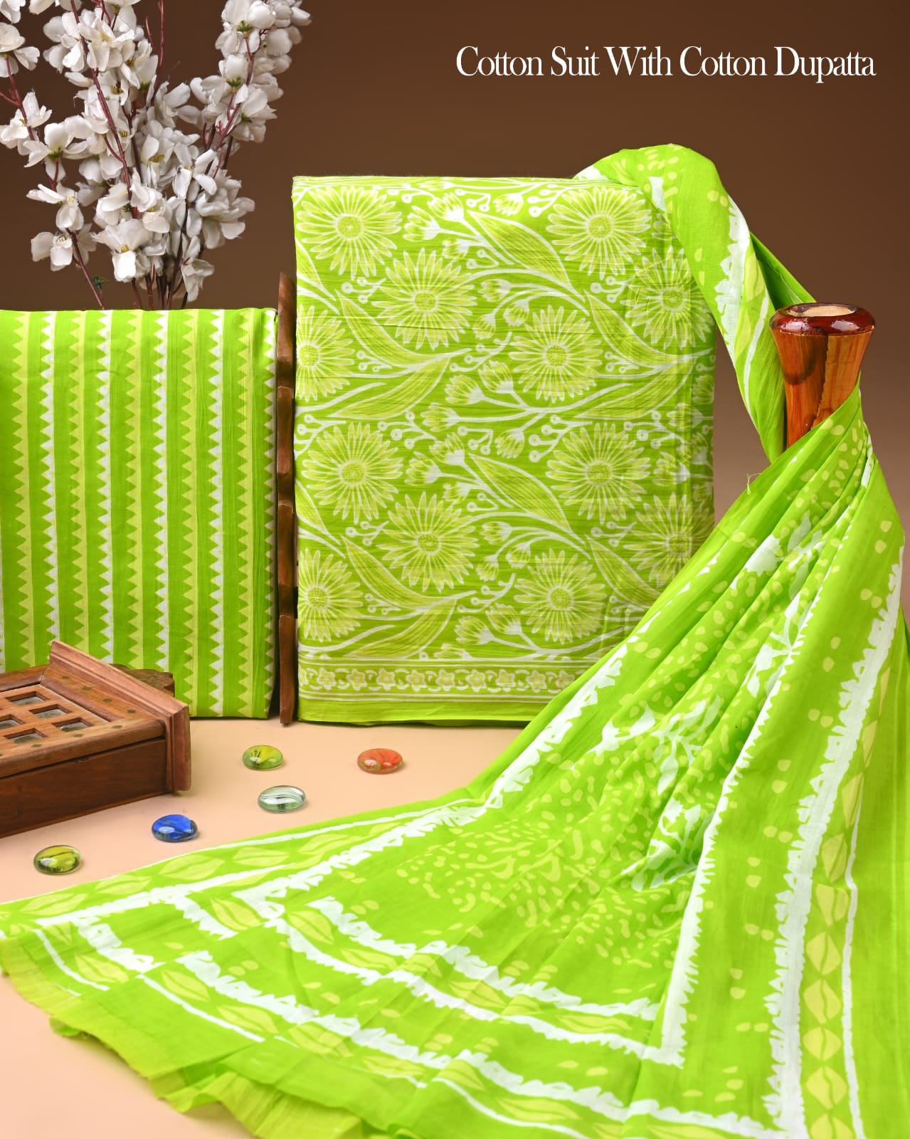 Pure Soft Cotton Hand Block Printed Suit Set With Cotton Dupatta
