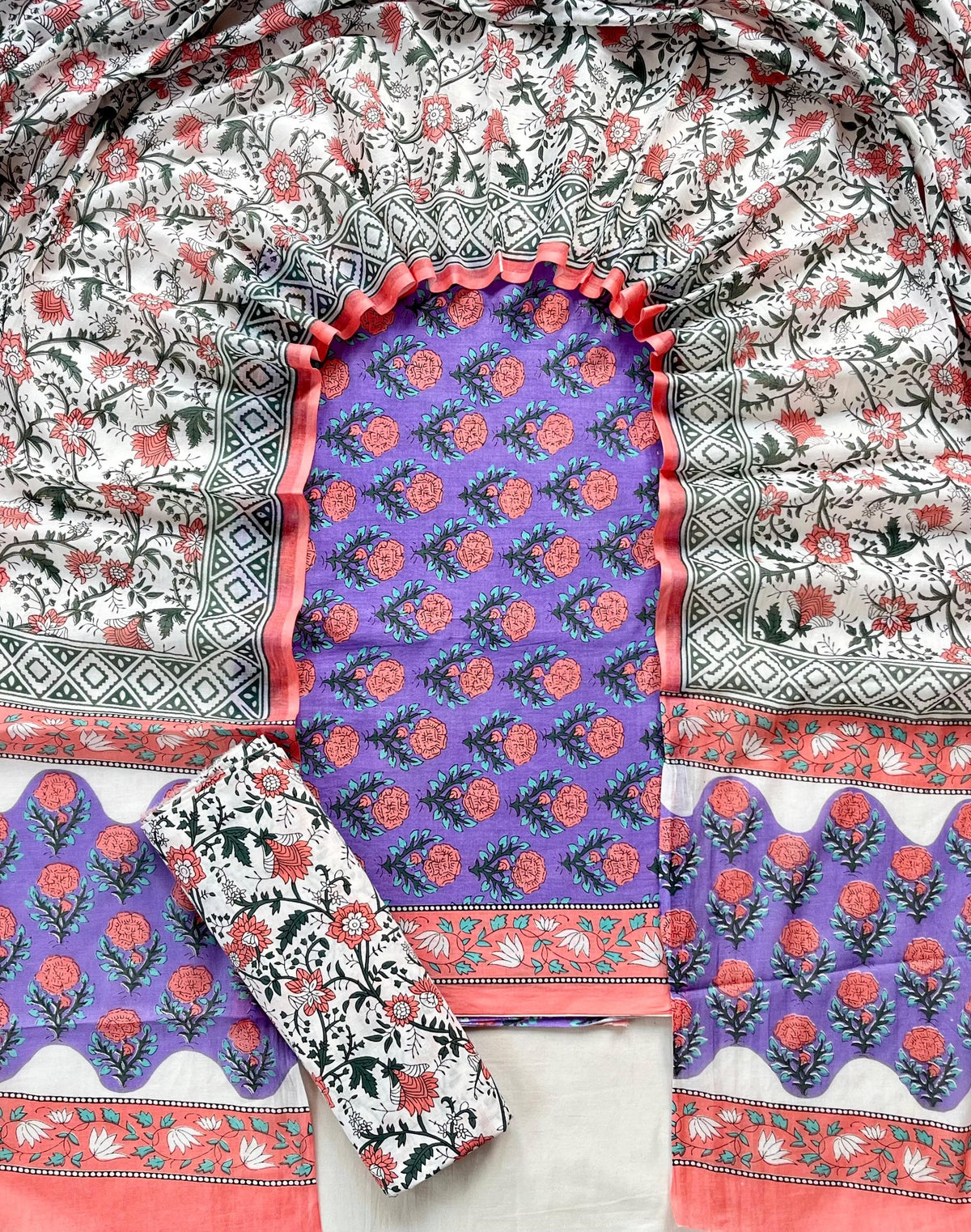 Pure Soft Cotton Hand Block Printed Suit Set With Cotton Dupatta