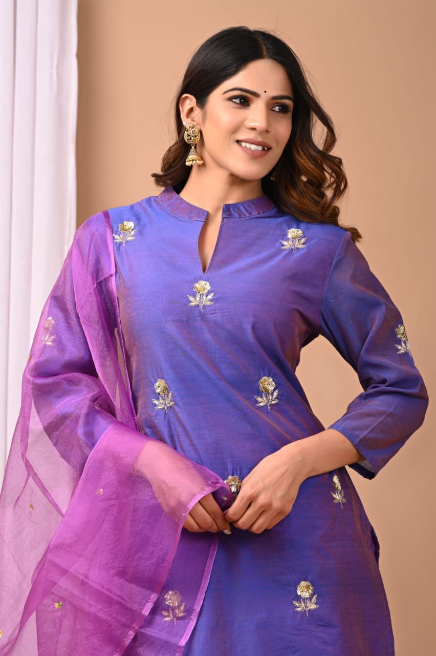 Elegant Coral Chanderi Silk Hand-Embroidered Suit Set with Dupatta