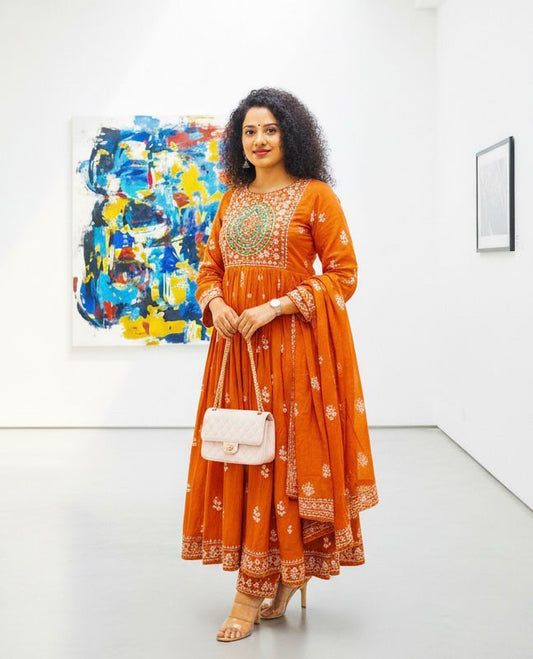 Pure Cotton Anarkali Suit Set With Beautiful Embroidery Work