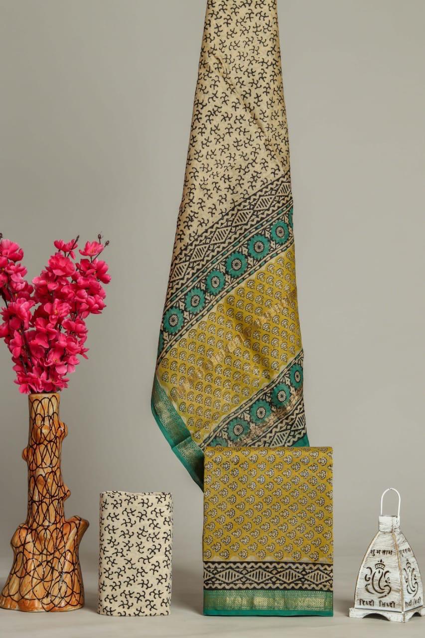 Designer Handblock Printed Maheshwari Silk Suit Set