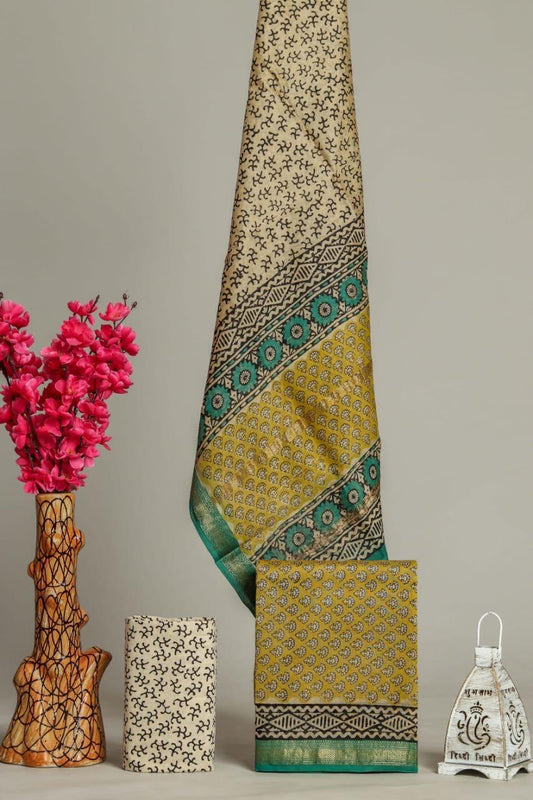 Designer Handblock Printed Maheshwari Silk Suit Set