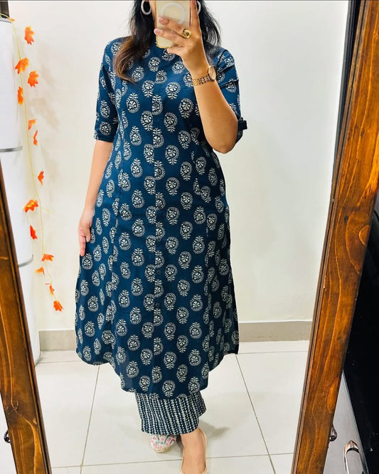 Premium Floral Fine Cotton Printed A-Line Pattern Kurti-Palazzo Set